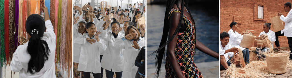 Economically-marginalised producers from a Madagascar showing black women working in the fashion sector